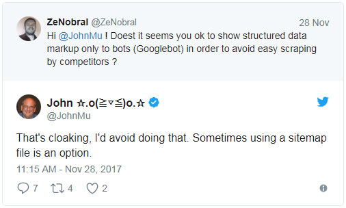 Отображение структурированной разметке только GoogleBot – это клоакинг Google: отображение структурированной разметке только GoogleBot – это клоакинг